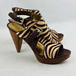 Nine West Adalaina Sandal Brown Pony Hair Zebra Print Open Toe Cone Heel Buckle